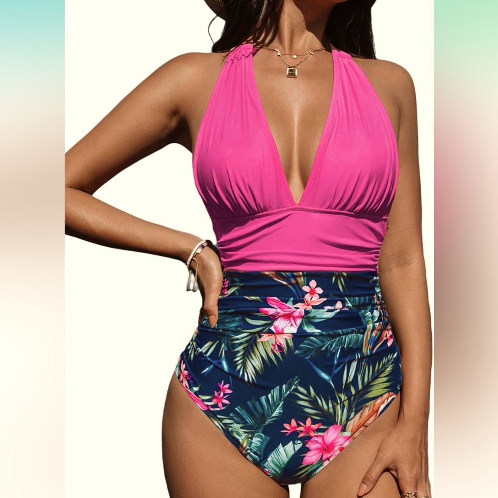 NWT CUPSHE V Neck One Piece Halter Ruched Tummy Control Bathing Suit XXXL
